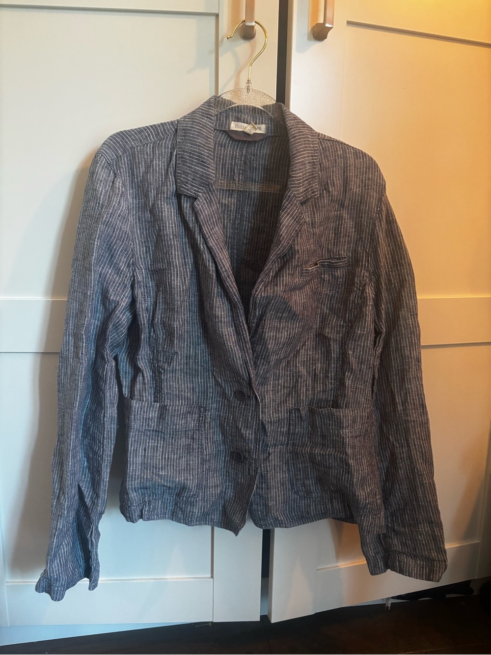 Eileen Fisher Linen Striped Blue Blazer Jacket Casual Breezy Minimalist